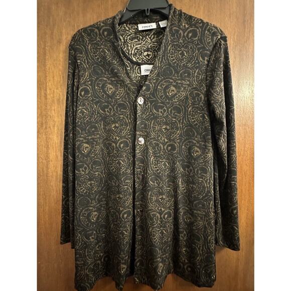 Chicos Travelers Cardigan Tank Set Sz 1 Brown Black Damask Broken Button - Picture 3 of 8
